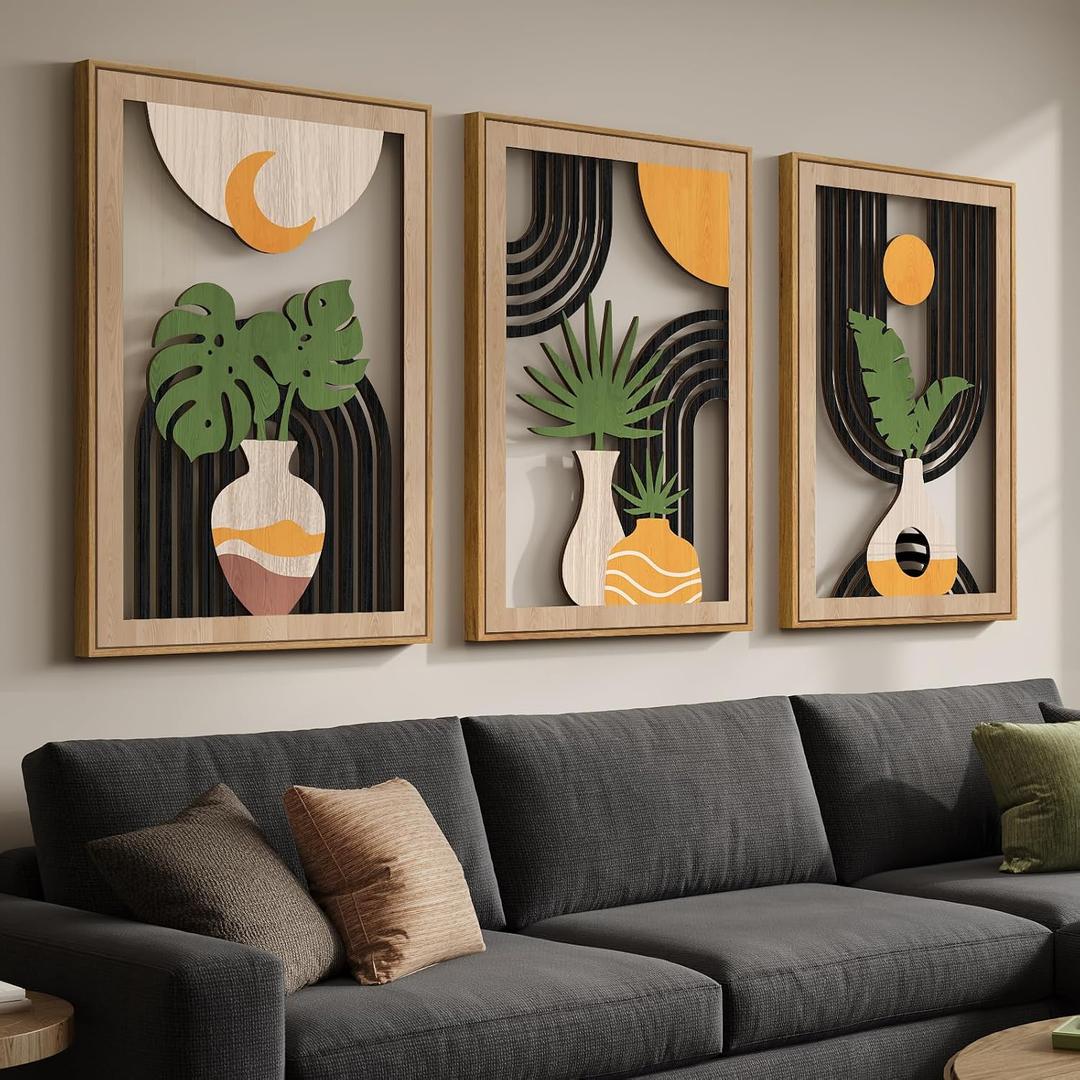 Framed Boho Cutout Carved Wood Wall Art Decor for Living Room, 24x36 Inch, 24" W x 36" H x 3 Pcs