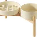 Havniva Ceramic 1.2 Cup Raised Slow Feeder Dog Bowl Set, Elevated 6.1inch Bowl and 7.3inch Slow Pet Food Dish with Wooden Stand for Small and Medium Dog (2 xLight Yellow+ Stand)