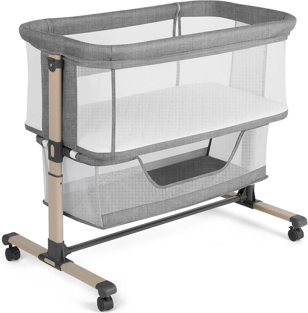 Cowiewie Bassinet Bedside Sleeper, Portable, Breathable, Adjustable Baby Bedside Bassinet for Peaceful Nights, Grey, Crib