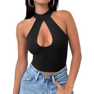 REORIA Women's Sexy Going Out Halter Neck Crop Tops Trendy Cut Out Sleeveless Y2K Nightout Clubwear Tank Tops (Medium, Black)