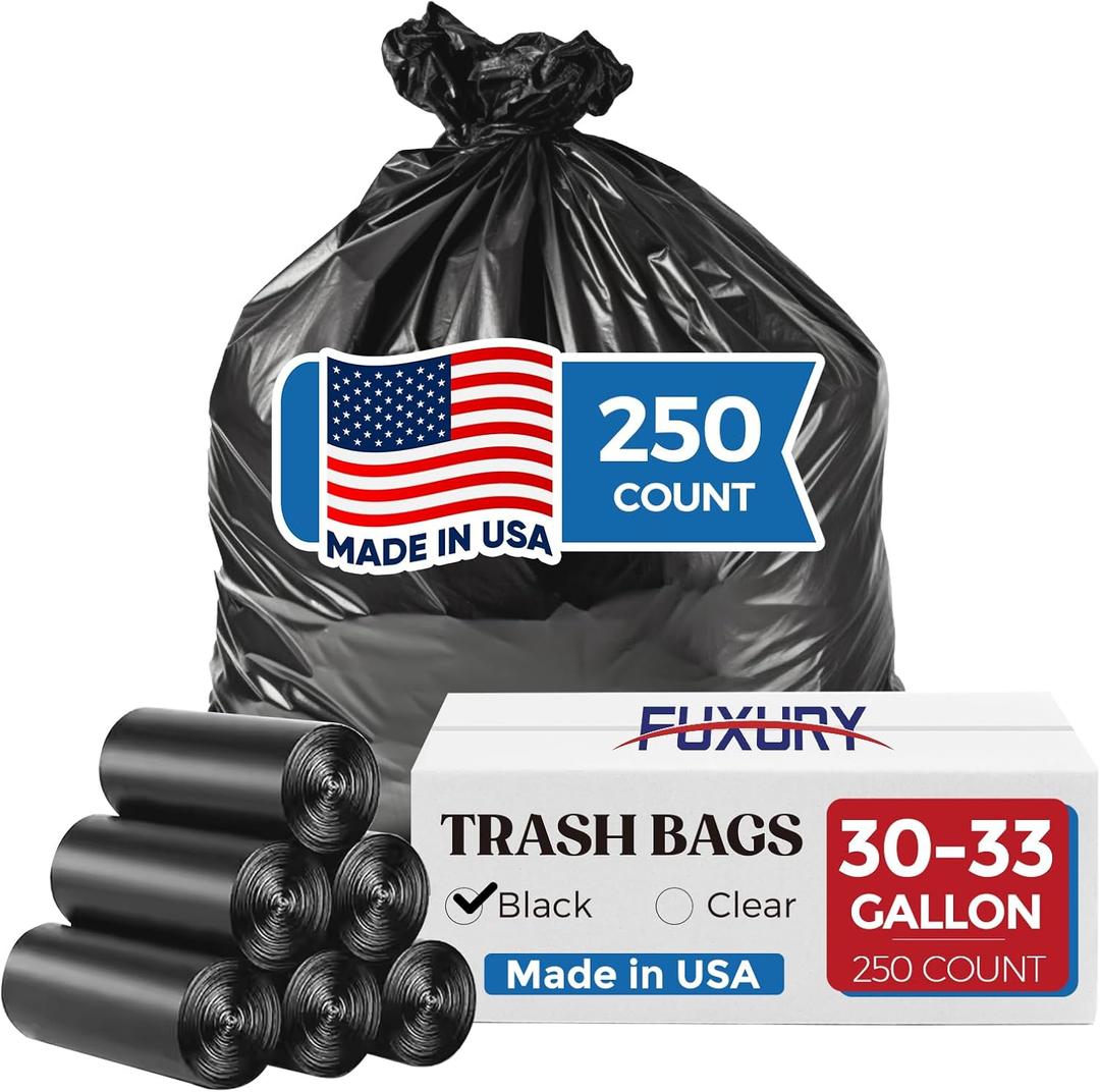 Fuxury 30-33 Gallon Trash Bags Medium Duty, 250 Count Garbage Bags, 32 x 38" Extra Large Black Trash Bags, 0.6 Mil Plastic Bags for Serious Garbage Cleanup, Made in USA