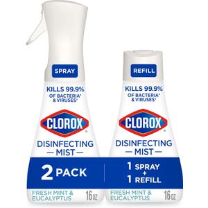 Clorox Disinfecting Mist, Eucalyptus Peppermint, Household Essentials, 1 Spray and 1 Refill, 16 oz Each (16 Fl Oz (Pack of 2))