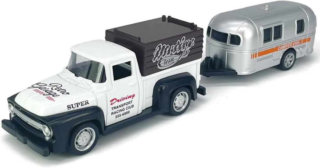 VIIGER Pickup Truck Trailer Towing Toy Camper RV Motorhome Toys for Boys Diecast Model Car Metal Pull Back Toy Cars, 3 4 5 6 7 Year Old Toddler Kids Birthday Gifts Cake Topper Home Office Dcor White