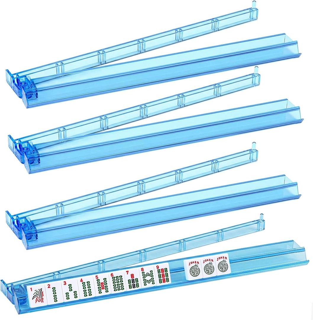 Mahjong All-in-One Tile Rack & Pusher, Blue Clear Acrylic Mahjong Rack and Pusher Combo, Modern American Mahjong Tile Racks, Set of 4, 17.72 Inches