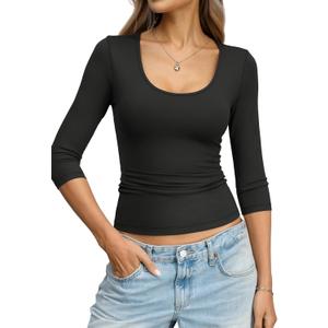 Eachyes Women's 3/4 Length Sleeve Scoop Neck Tops Casual Slim Fit T-Shirts Basic Tees Spring Summer Outfits Clothes 2026 (Medium, Black)