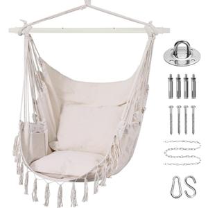 Goutime Hammock Chair,Hanging Rope Ceiling Swing with 2 Cushions, Macrame Boho Hanging Chairs for Indoor,Outdoor,Bedroom,Outside,Garden,Balcony,Yard,Deck,Max 330 Lbs