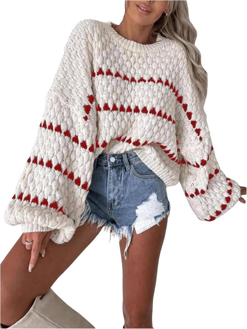 GORGLITTER Women's Striped Long Sleeve Oversized Chunky Sweater Trendy Fall Cozy Cute Cable Knit Pullover Sweater Tops (Medium, White)