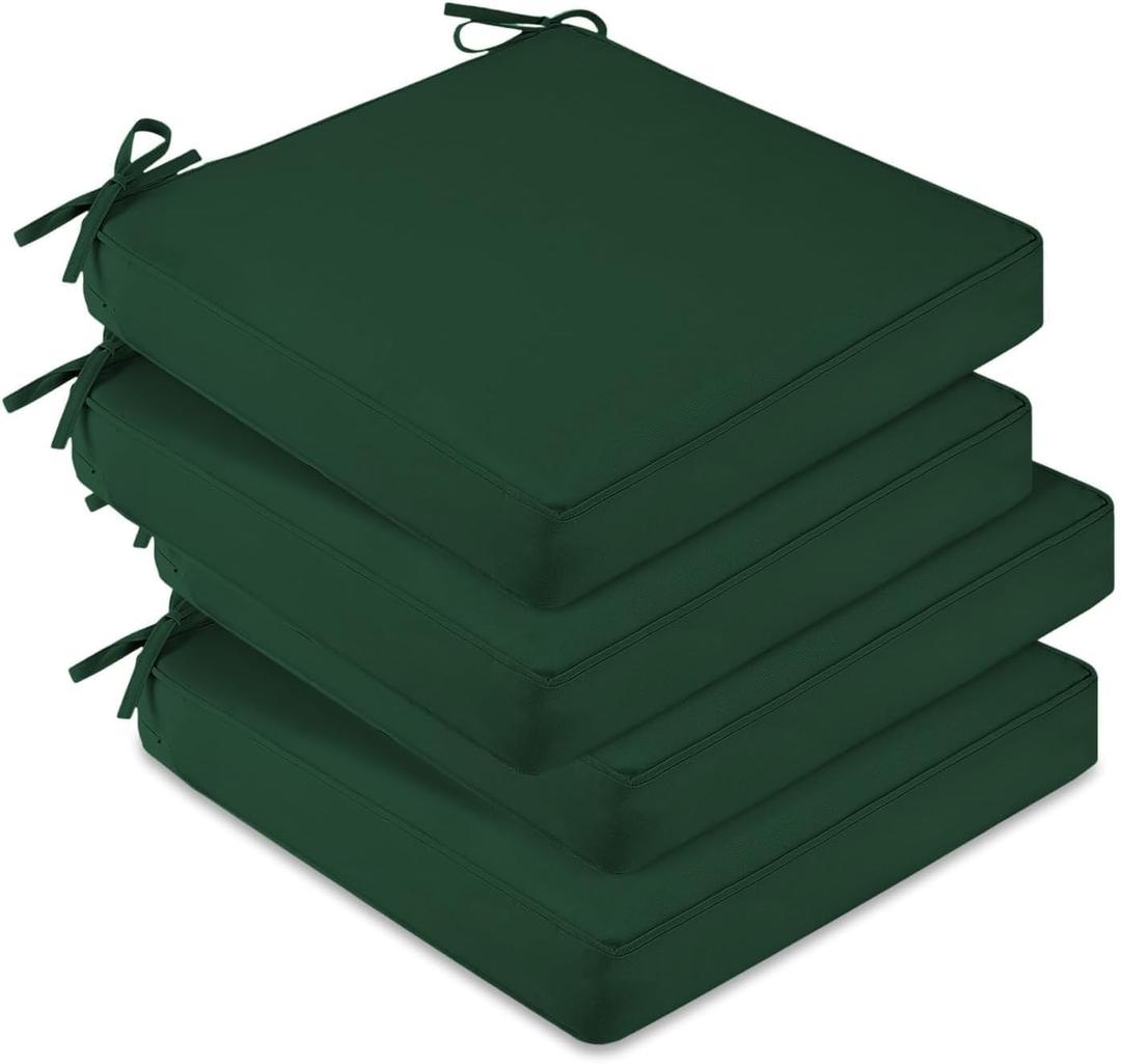 downluxe Waterproof Outdoor Chair Cushions Set of 4, 19" x 19" x 3" Patio Chair Cushion with Non-Slip Ties & Handle, Square Outdoor Cushion for Patio Furniture with Removable Cover, Forest Green