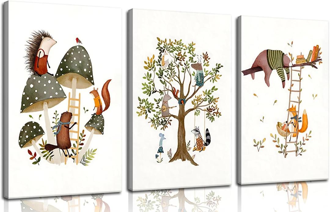 3Pcs Woodland Safari Animals Nursery Canvas Wall Art Baby Jungle Small Animal Wall Decor Pictures Tree Bear Rabbit Fox Hedgehog Kids Posters Prints for Classroom Children Bedroom Decoration