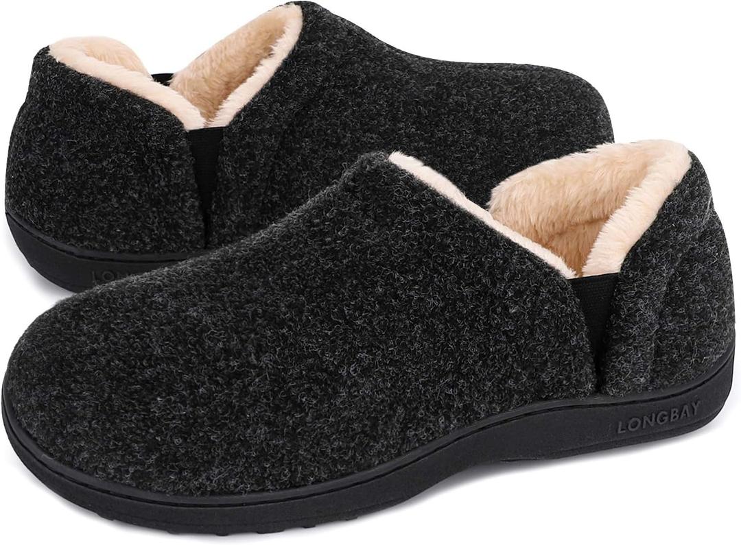 LongBay Men's Slippers Warm Bedroom Memory Foam House Shoes Slip-On for Indoor Outdoor Winter (11-12, Black)