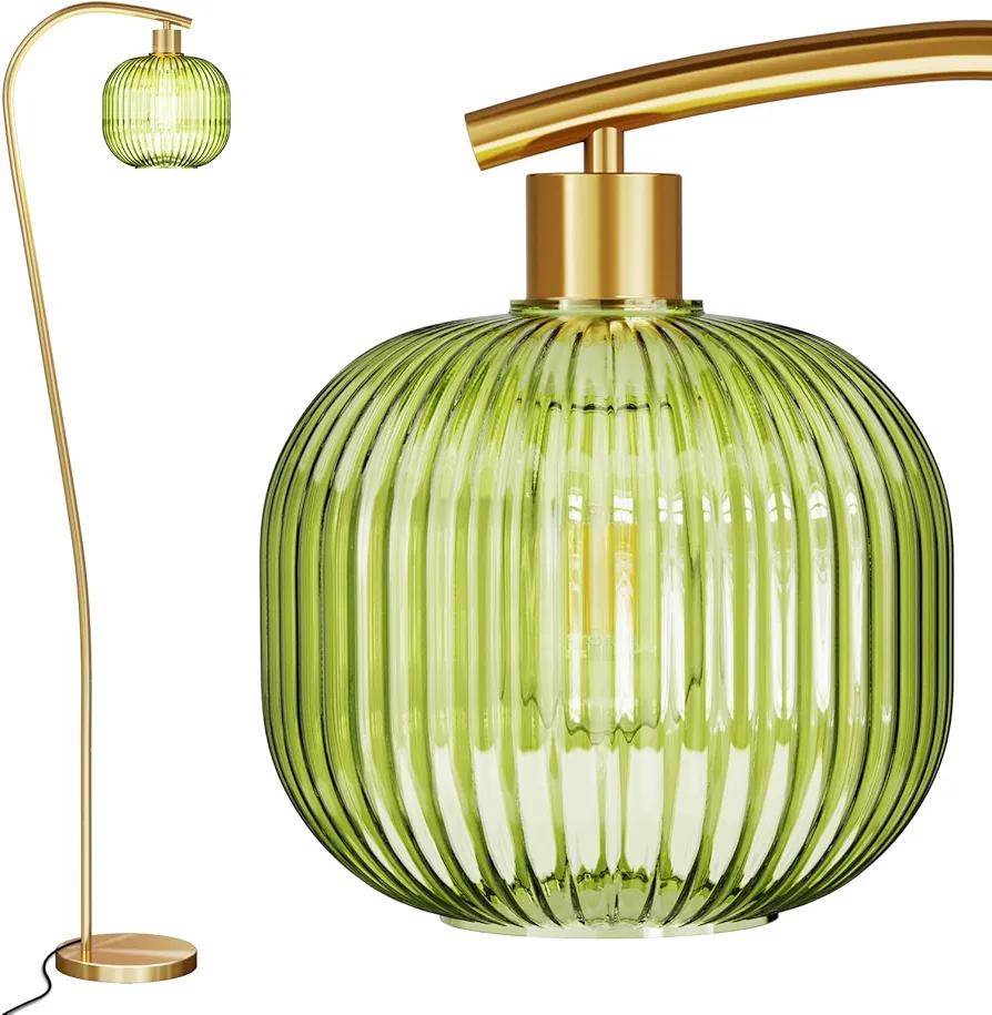 Gold Arc Floor Lamp for Living Room, Modern Standing Lamp with Green Ribbed Glass Lampshade, 67” Tall Lamp for Bedroom Study Room Office (2700K Bulb Included) (Gold & Green)