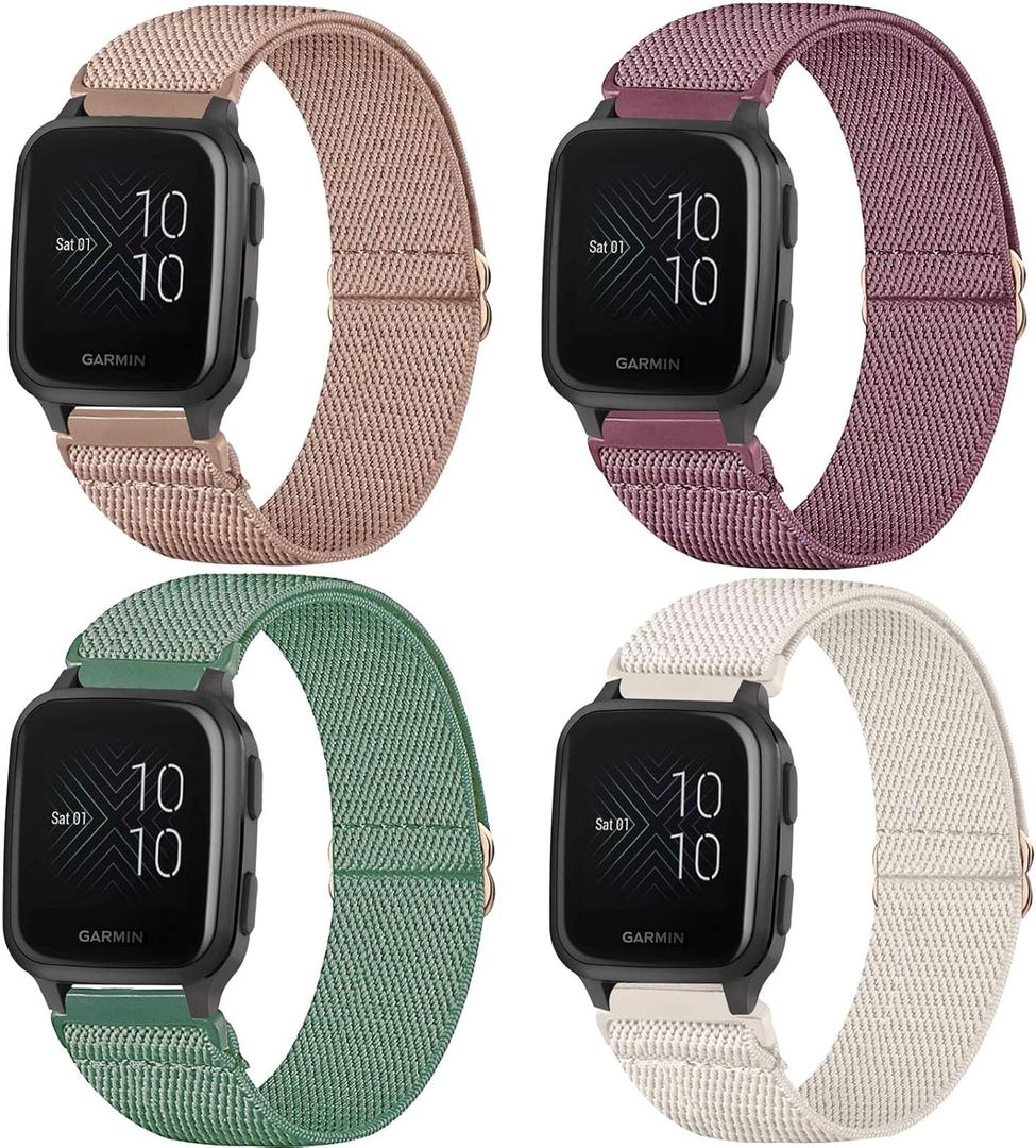 4 Pack Stretchy Watch Bands Compatible with 20mm Garmin Venu Sq/Venu Sq 2, Loop Nylon Elastic Fabric Strap for Garmin Vivomove Style/Luxe/HR Women Men