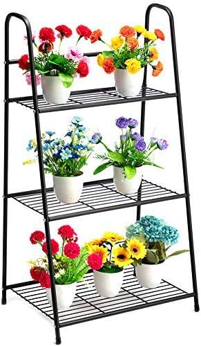 DOEWORKS 3 Tier Metal Plant Stand, Metal Storage Shelf, Ladder Shelf, 50in Tall Standing Ladder Shelves, Leaning Bookshelf for Home Office/Living Room/Home- Black