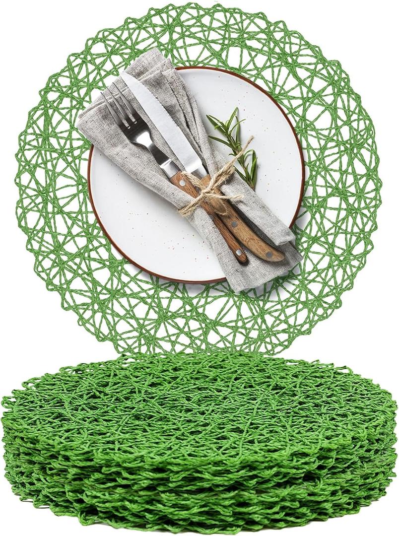 AHHFSMEI Paper Braided Round Placemats Set of 12 Natural Non-Slip Heat Resistant Table Mats for Dining Tables Woven Indoor Outdoor Place mats(Forest Green,12)
