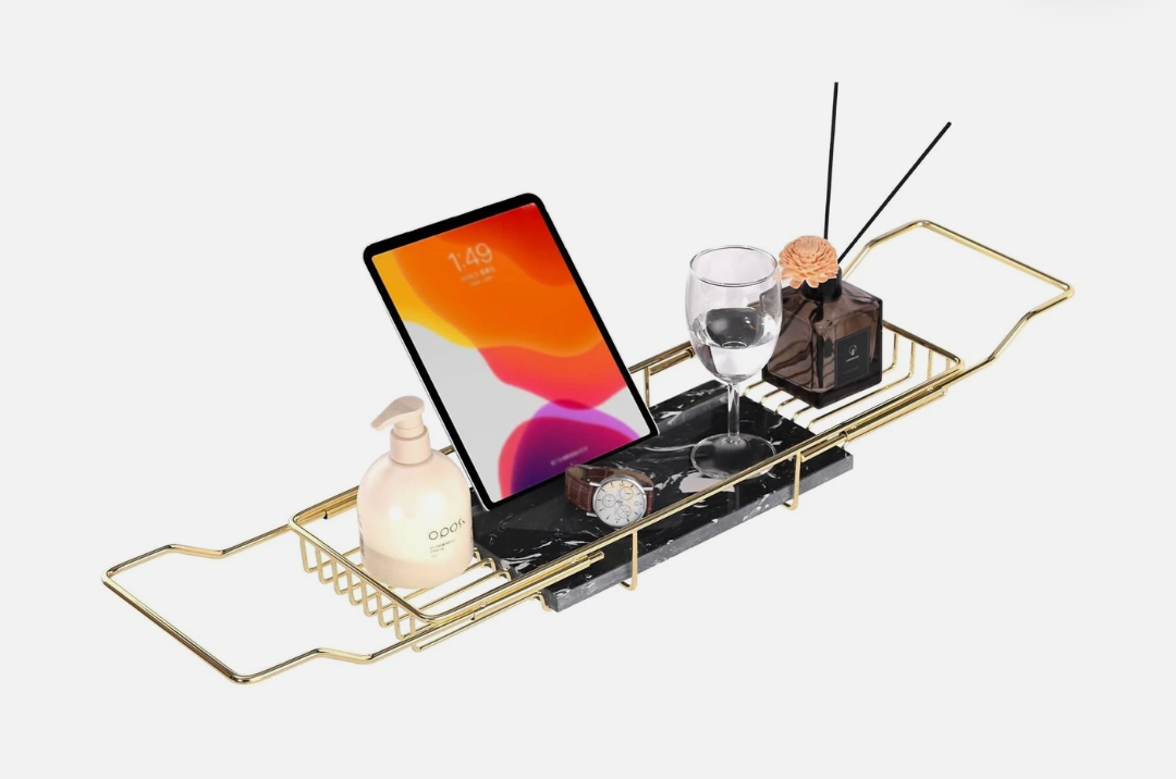 MARBBNEST Bathtub Tray Caddy for Luxury Bath Expandable Extra Wide Bath Tub Tray with Natural Marble Tray and Mobile/Tablet Stand, Ideal for Home Spa Lovers (Gold + India Green)