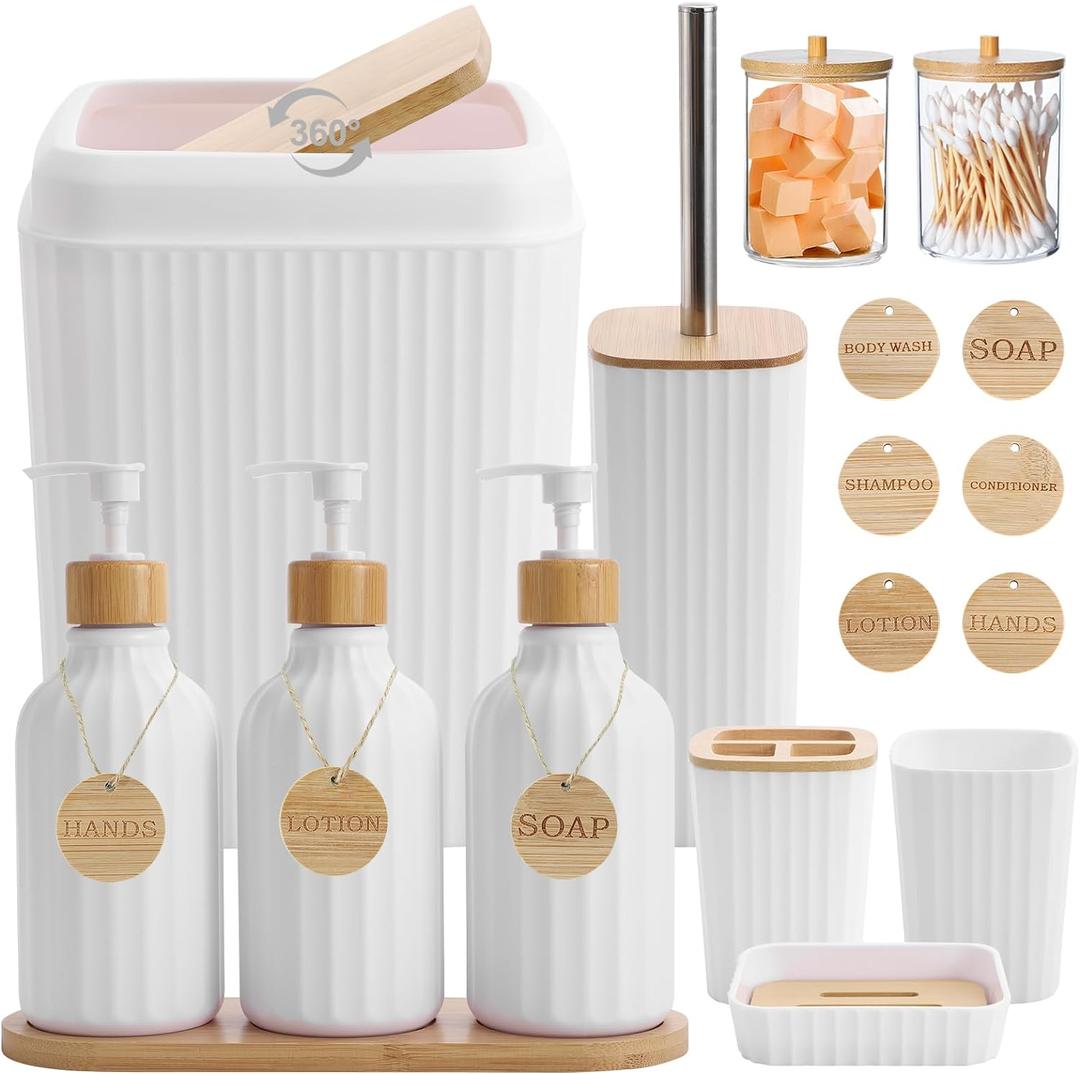 Bathroom Accessories Set White Bathroom Set with Trash Can,3PCS Lotion Soap Dispenser, Toothbrush Holder, Soap Dish, Tumbler Cup, 6pcs Wood Tags White Bath Accessories with Tray for Bathroom Decor