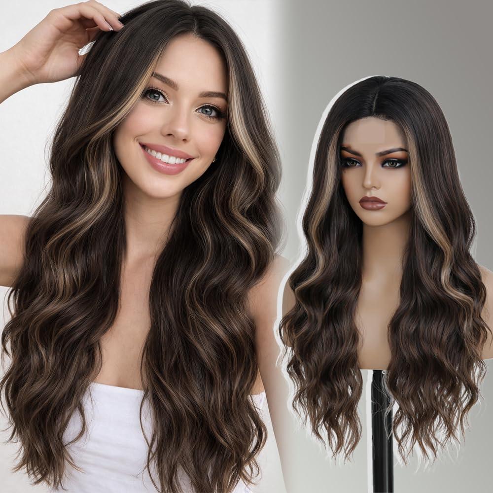 Long Brown Wig for Women 26Inch Wavy Curly Brown Highlight Blonde Hair Wigs Synthetic Hair Replacement Wig Heat Resistant Hair Wig for Daily Party Use Halloween Costume Wigs