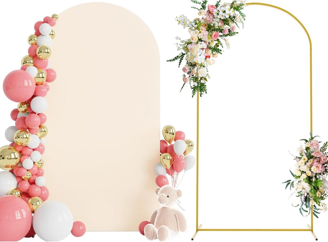 Wokceer 7.2 FT Wedding Arch Backdrop Stand and Arch Cover Metal Arch Stand with Arch Stand Cover for Birthday Party Wedding Ceremony Bridal Baby Shower Event Decor (Beige)