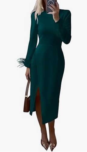 PRETTYGARDEN Women's 2025 Fall Long Sleeve Dress Formal Midi Bodycon Wrap Slit Feather Elegant Wedding Guest Cocktail Dresses, Size S