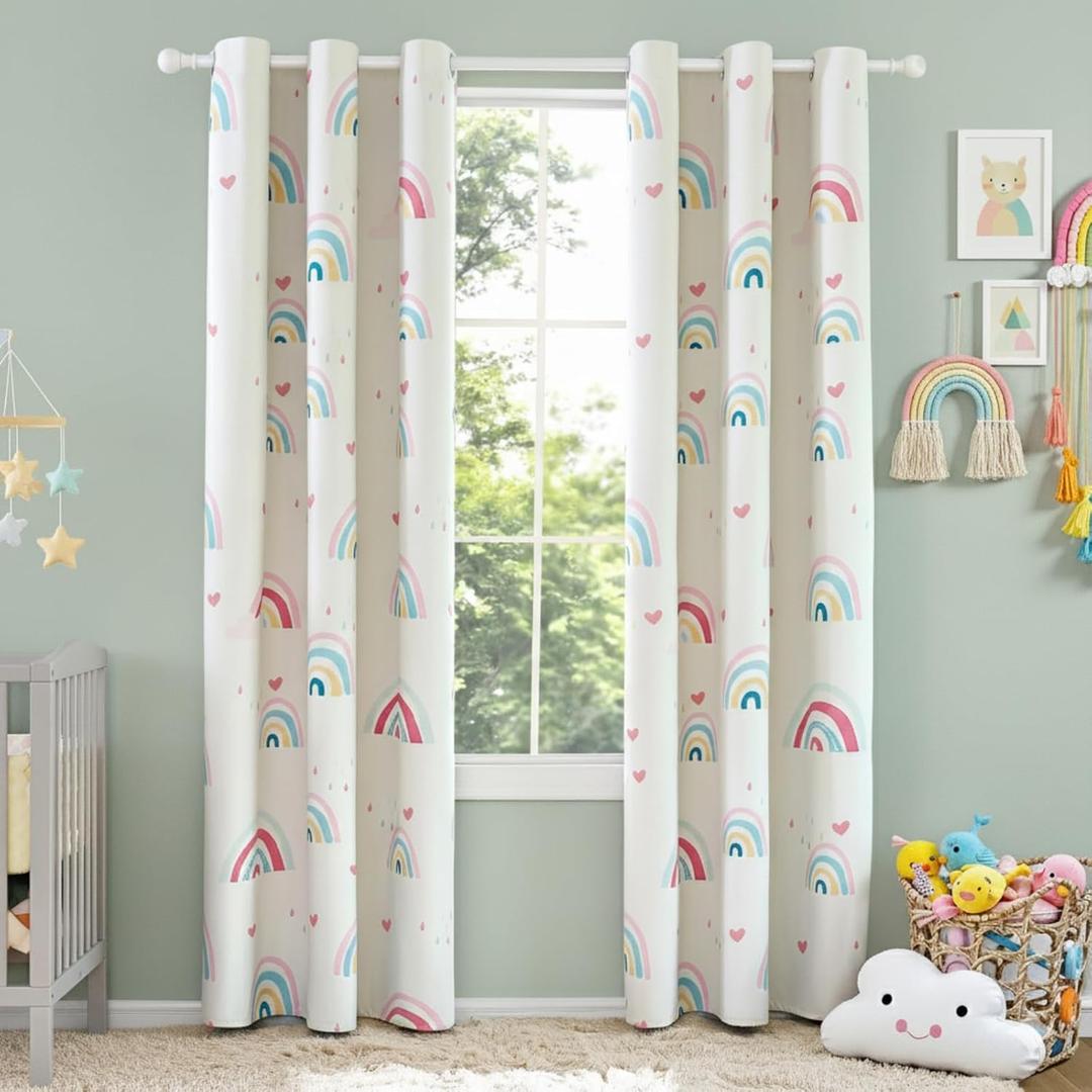 PINNKKU Blackout Boho Rainbow Curtains for Kids, 90% Blackout Curtains for Girls Bedroom Nursery, 42" x 63", Grommet Thermal Insulated Room Darkening Curtains, Set of 2 Panels (Off White)