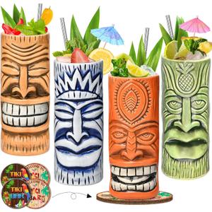 Tiki Mugs Set of 4 - Ceramic Tiki Glass Cocktail Cups, unique Cocktail Glasses, Bar Professional Hawaiian Mug and Halloween Christmas Party Barware