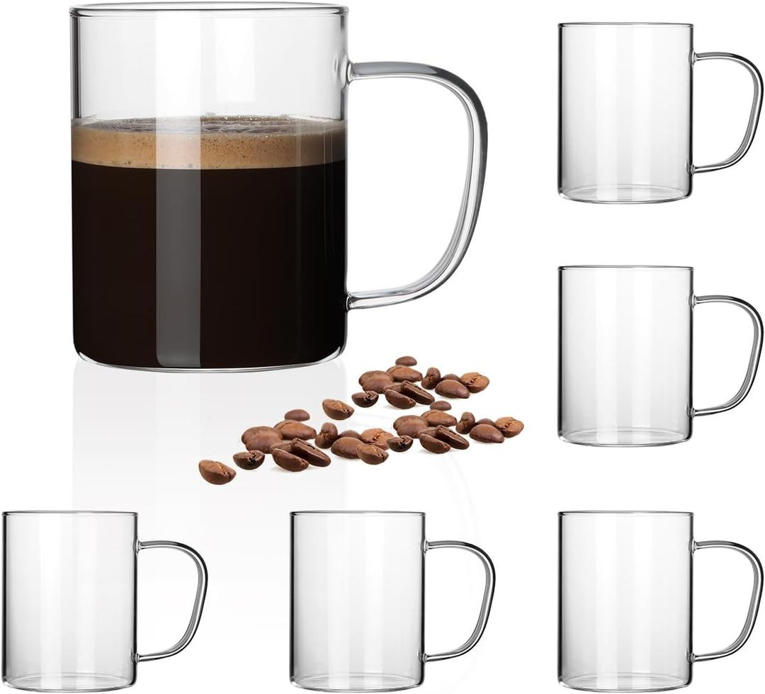 HORLIMER 15 oz Glass Coffee Mugs Set of 6, Clear Coffee Cup with Handle for Tea Cappuccino Latte Milk Juice Hot and Cold Beverages