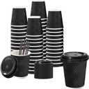 Lamosi 8 oz Disposable Coffee Cups with Lids, 50 Pack Insulated Hot Cups To Go Paper Coffee Cups with Lids and Straws, Corrugated Ripple Wall Cup for Hot Drink, Office, Coffee Bar (Black)