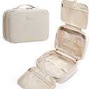 EACHY Toiletry Bag with Hanging Hook, Travel Makeup Bag PU Leather Cosmetic Bags for Women Make Up Organizer with 4 Compartments Waterproof Full-Size Portable Travel Essentials (Beige)