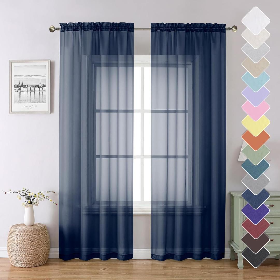 Lecloud Navy Blue Sheer Curtains 84 Inches Long 2 Panels Set, Solid Voile Light Filtering Airy Drapes for Living Room, Elegant Bedroom Decor Window Treatments with Rod Pockets, 40" W x 84" L