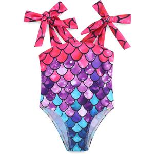 Toddler Girl Swimsuit Summer Beach Bikini Cute Stripe Girls' One-Piece Swimwear with Bow Straps 5-6T Mermaid