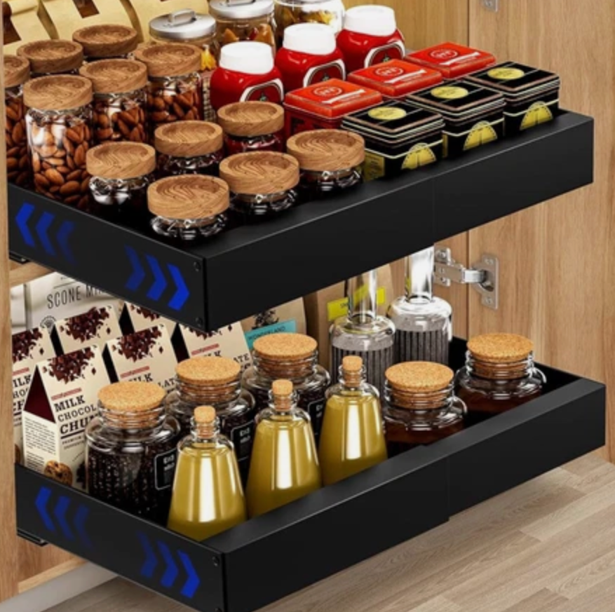 Bifixia Expandable Pull Out Drawer Organizer, 2-Pack Adhesive Slide Out Drawers for Kitchen Cabinets Pantry Sliding Drawer, Heavy Duty Cabinet Pull Out Shelves(NOT for Cabinets with Lips/Frame)