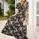 Simplee Womens Casual Floral Summer Maxi Dress 2026 Boho Flowy Short Sleeve Crew Neck Vacation Smocked Chiffon Dresses (Brown, XL)