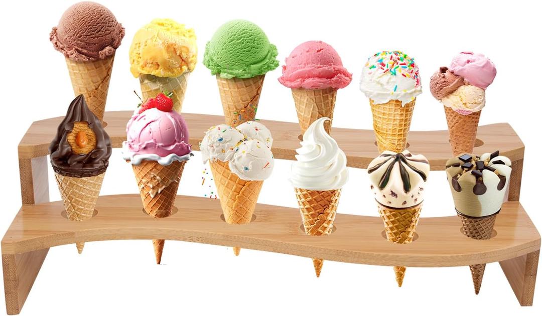 YeeBeny Wooden Ice Cream Cone Holder Stand, Ice Cream Cone Holder Stand with 12 Holes, Ice Cream Cone Display for Deli Cone, Waffle Cone (Aperture 0.98 Inches)