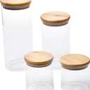 WHOLE HOUSEWARES Glass Jars with Bamboo Lids - 4-Piece Modular Set (33.8oz, 25.4oz, 15.2oz, 11.2oz) with Modern Wooden Lids - Transparent, Fresh & Convenient Air Tight Pantry Storage Containers