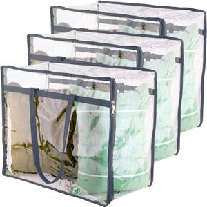 Clear Vinyl Zippered Storage Bags (3-Pack) 40L Sturdy Storage Bags for Sweaters, Blankets, Comforters, Bedding Sets and Much More! (Gray, 18x15x9)