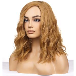 BERON Strawberry Blonde Wigs for Womens Short Curly Wavy Wig Girls Blonde Brown Side Part Wigs Shoulder Length Heat Resistant Synthetic Cosplay Party or Daily Use