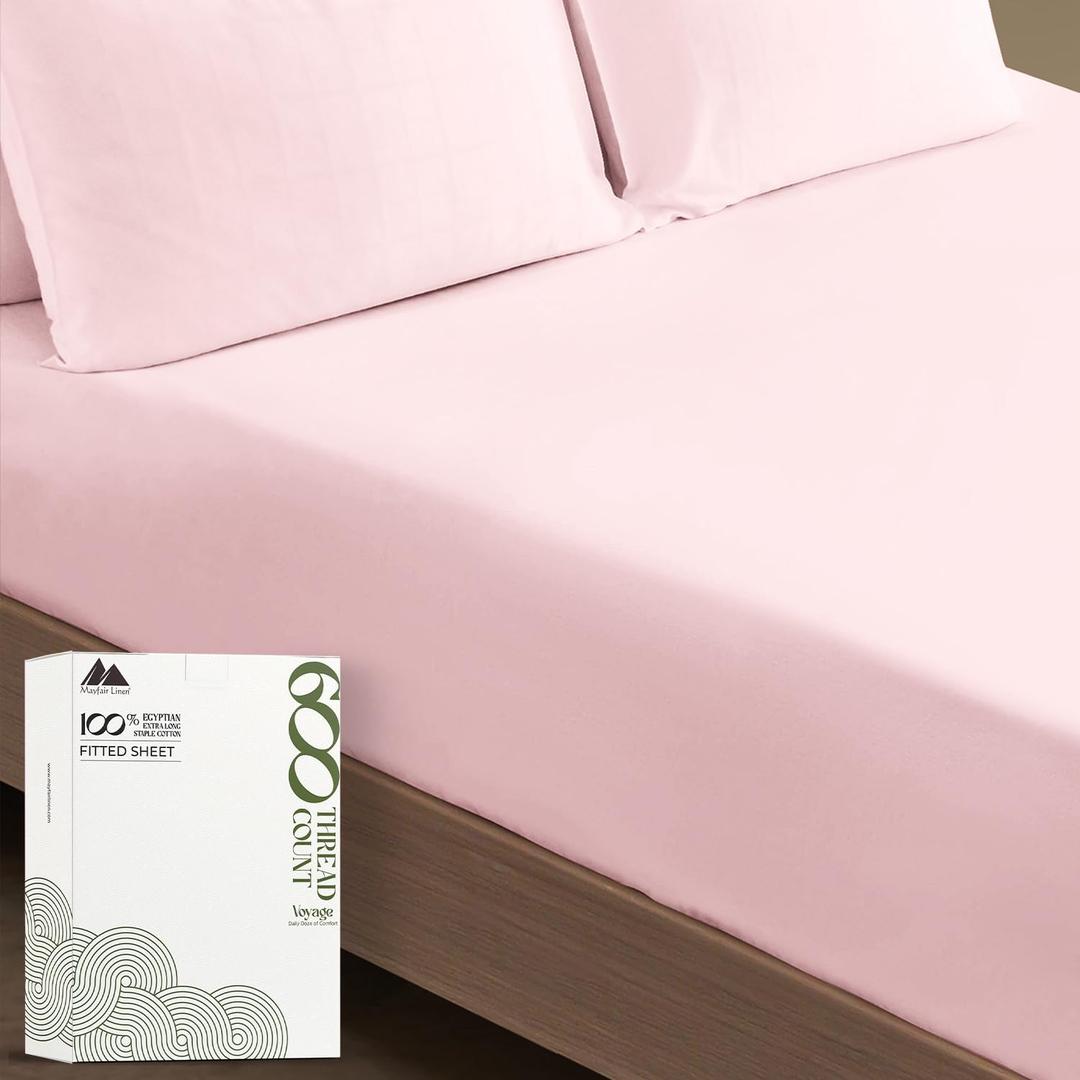 MAYFAIR LINEN 100% Egyptian Cotton Full Size Fitted Sheet Only - 600 Thread Count 16" Deep Pocket Full Size Fitted Sheets, Soft Cooling Sateen Weave No Pop-Off Elastic Bottom Sheet for Adults - Blush