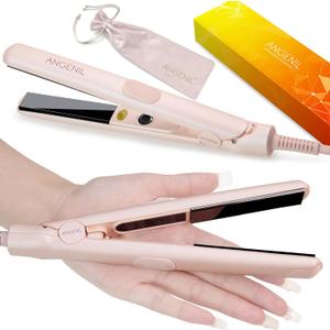 ANGENIL Pro Mini Titanium Ceramic Flat Iron for Short Hair, Mini Dual Voltage Hair Straightener 0.7 inch, Small Pink Flat Irons Anti-Scald Silicone Heat Resistant, Adjustable Temp (280℉- 320℉ -380℉)