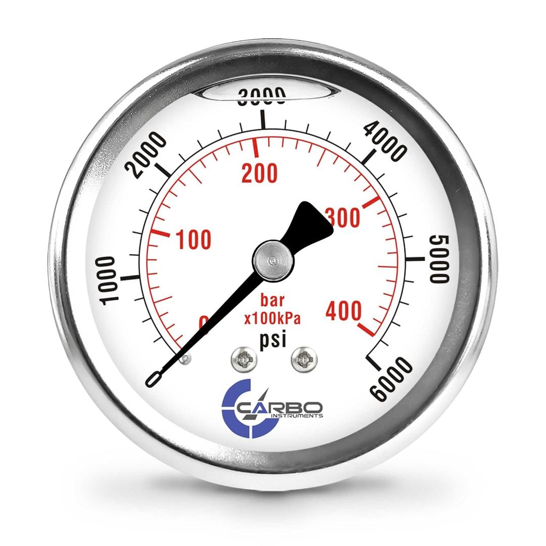 CARBO Instruments 2 1-2" Pressure Gauge, Stainless Steel Case, Chrome Plated Brass Connection, Liquid Filled, 0-6000 psi/kPa, Back Mount 1/4" NPT