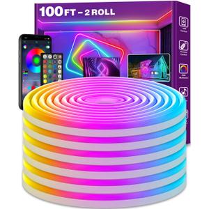 100Ft Neon Rope Lights, Flexible Led Rope Lights Control with App/ Remote, Multiple Modes Rope Lights, IP65 Outdoor RGB Led Neon Lights Waterproof, Music Sync Gaming Led Neon Light Strip for Bedroom Decor