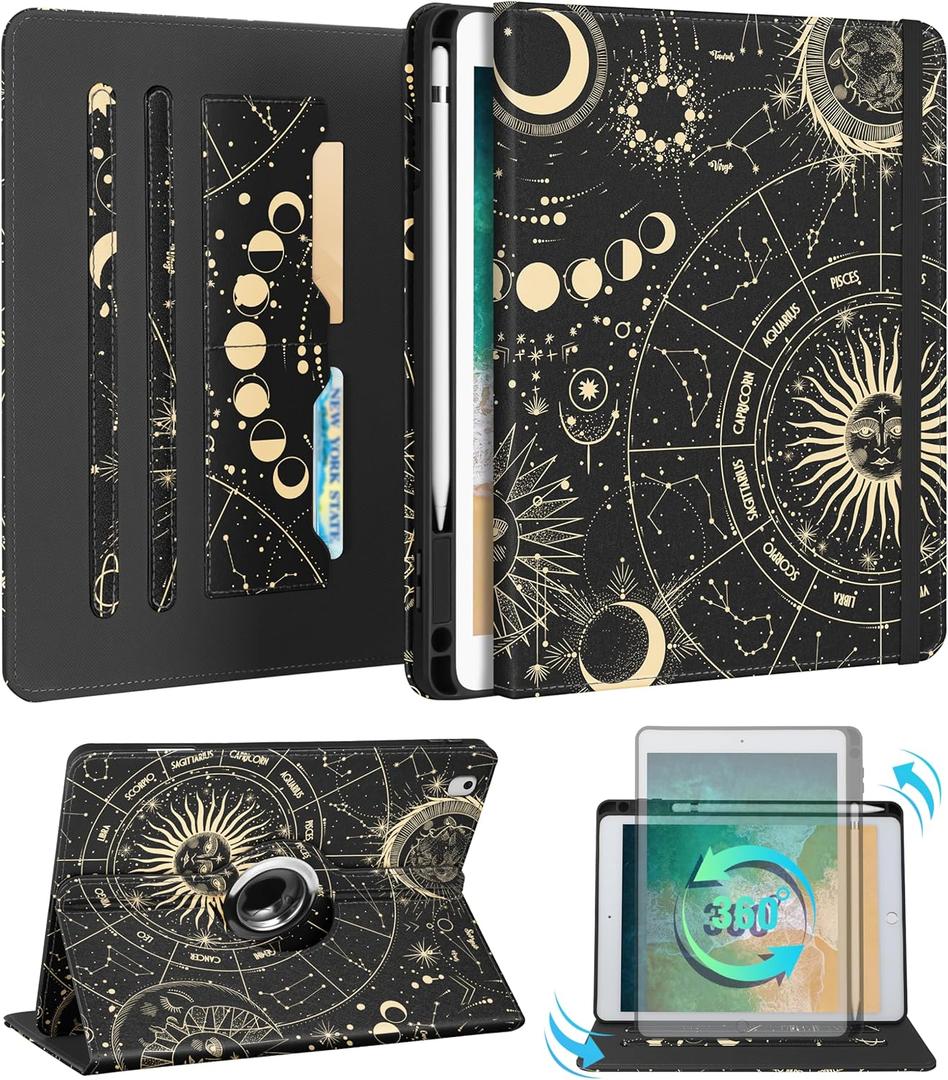 Kidcube for iPad 5th Generation Case 2017/Air 1st 2013/Pro 9.7 Inch Case 2016 - Women Girls Cute Rotating Stand Folio Cover with Pencil Holder & Card Slot Girly Sun Moon Stars Teens Design Cover