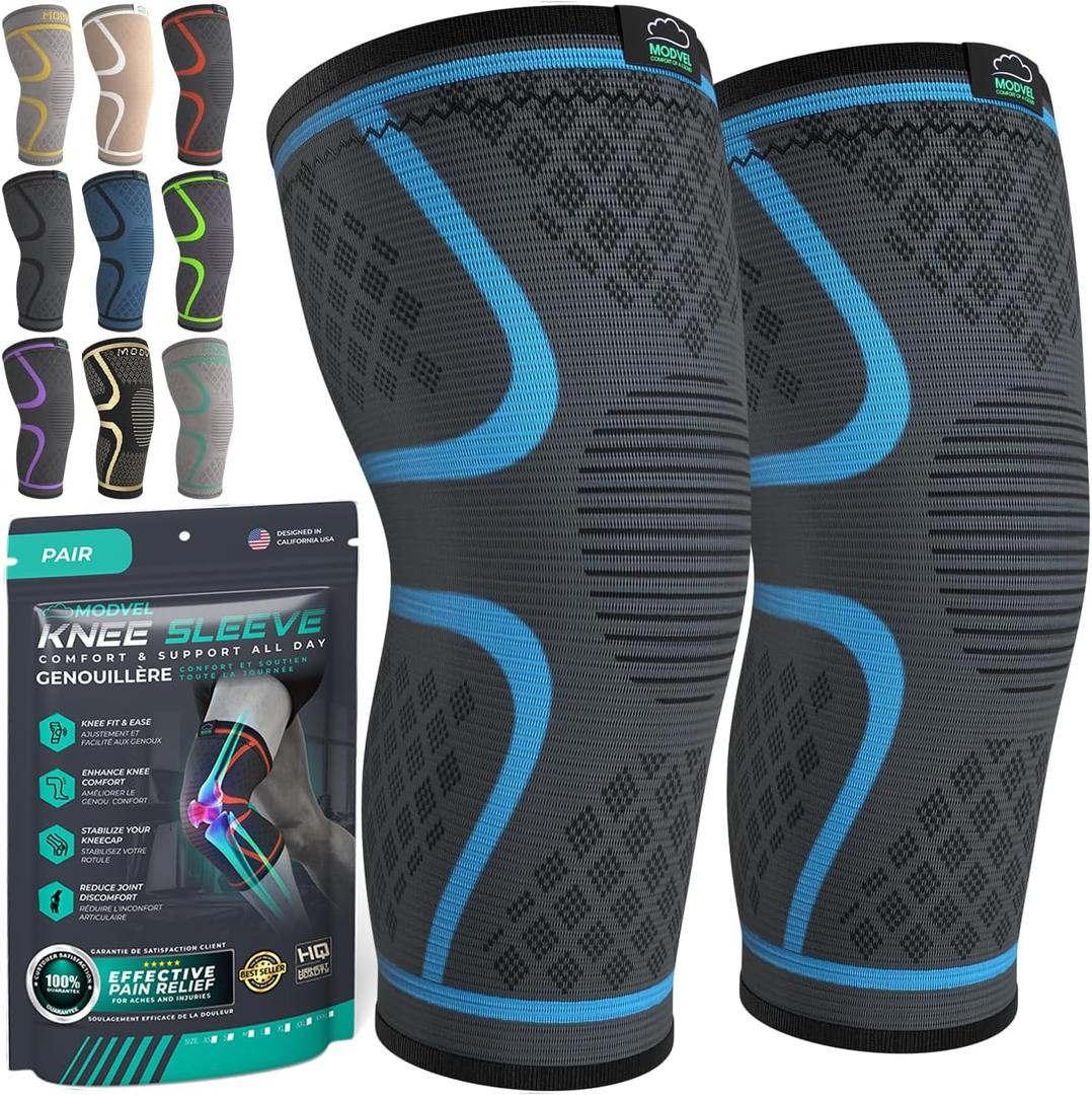 Modvel Compression Knee Brace for Women & Men - 2 Pack Knee Brace for Women Running Knee Pain, Knee Support Compression Sleeve, Workout Sports Knee Braces for Meniscus Tear ACL & Arthritis Pain Relief (Medium, Blue)
