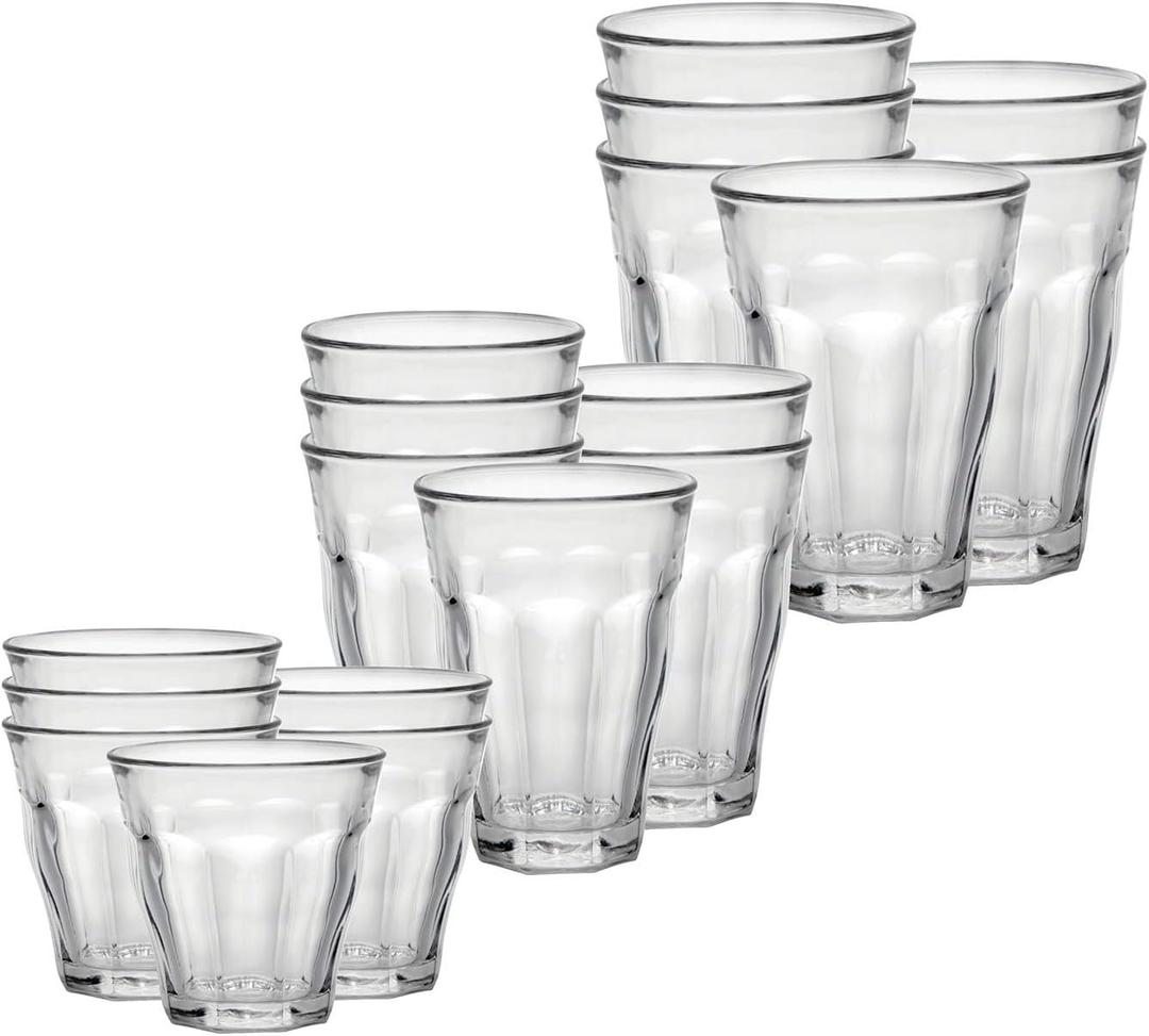 Duralex Picardie 16 Piece Clear Tempered Glass Drinkware and Tumbler Cup Set for Wine, Tea, Water, and Cocktails, 17 Ounces