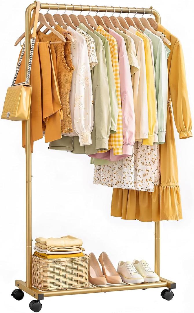 Clothes Rack - Clothing Rack with Storage Mesh Shelf & Casters, Heavy-Duty Metal Clothing Rack for Hanging Clothes, Dresses, Coats, Large Load Capacity, Easy Assembly, Gold, 28.0"x16.9"x59.0"