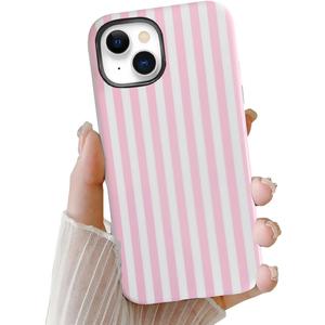 Striped Case for iPhone 15, Cute Phone Case, Aesthetic Pattern Design, Hybrid 2-Layer Shockproof Protective Cover for Girls Women (Pink,15)