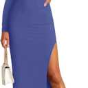 MIROL Women's 2026 Spring Fall Long Sleeve Maxi Dress Mock Neck Slit Ruched Business Casual Wedding Guest Cocktail Dresses (Medium, Blue)