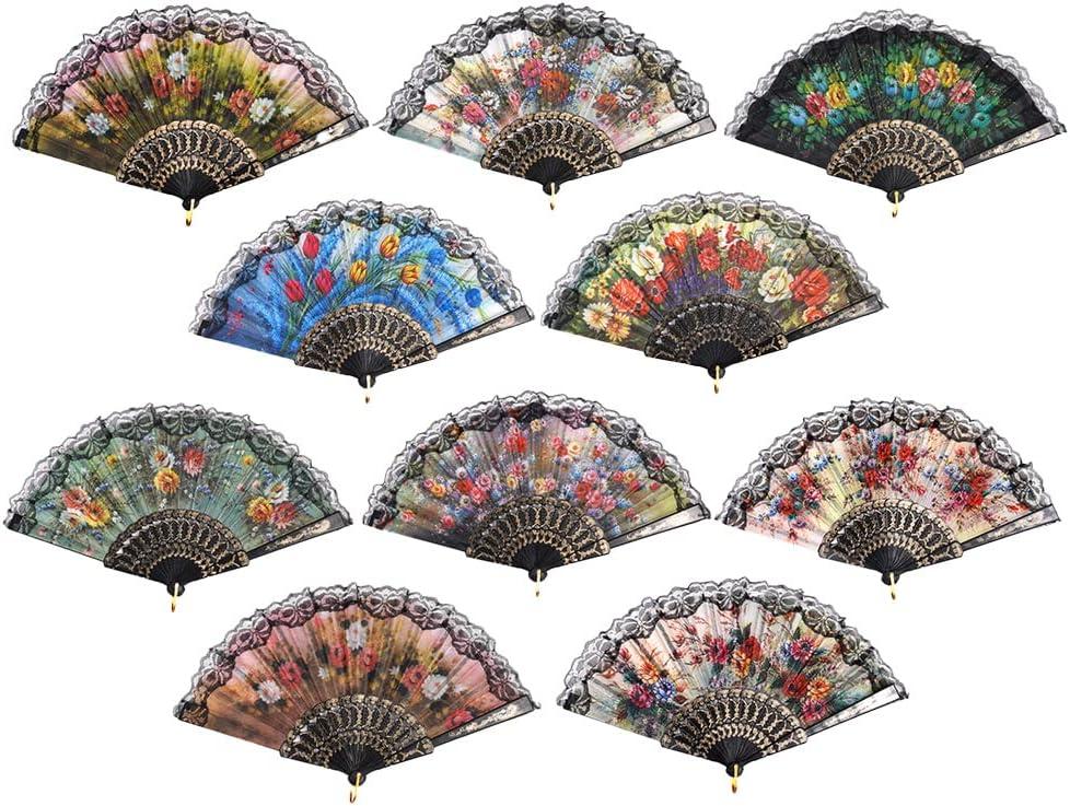 HUNANBANG 1 Dozen 12 Pieces Folding Hand Fans Church Wedding Gift, Party Favors, DIY Decoration Gift Size9 Adults Only Wholesale 12pack (Spanish 12 Pack) (Flower)
