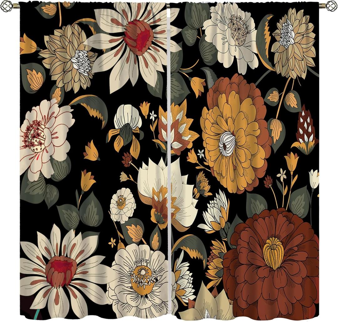 Boho Floral Curtain for Bedrooms,Abstract Mid Century Morden Bohemian Decor Drapes for Girls Women Home Window Curtains 42x45 Inch, Black Red