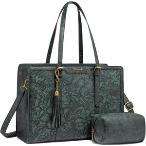 LOVEVOOK Laptop Bag for Women Vintage Leather Laptop Tote 15.6 inch Large Capacity Computer bag with Clutch Purse for Work (Green Embossed)