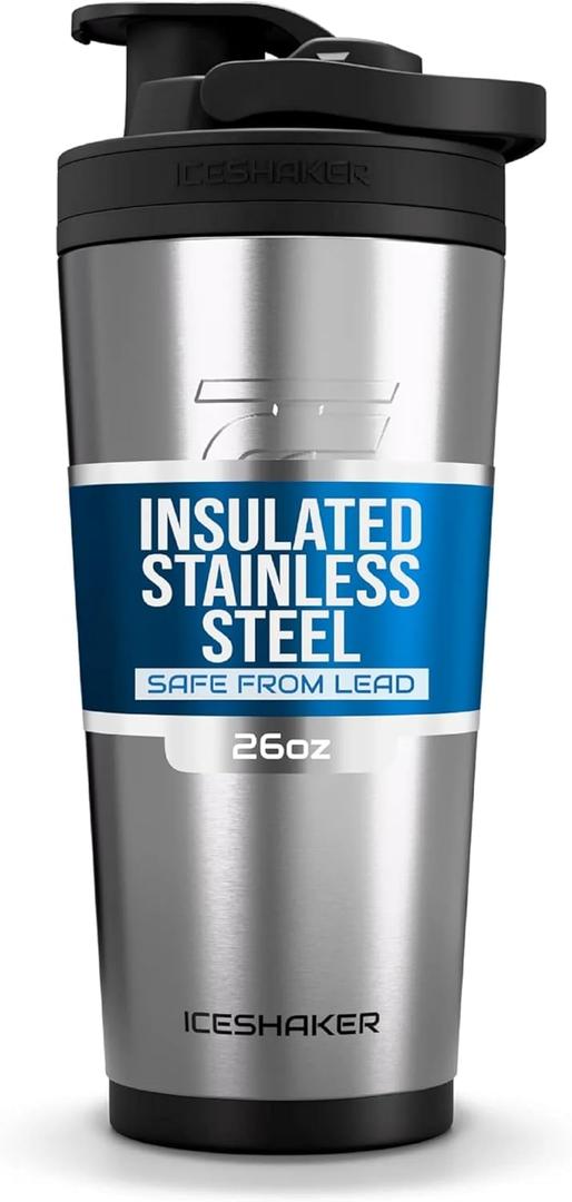 Ice Shaker Insulated Stainless Steel Shaker Bottle | 26oz, Stainless Steel | Cold for 30+ Hours | Insulated Cup with Twist-on Agitator | Odor-Free Bottle for Protein Shakes, Water, Cocktails